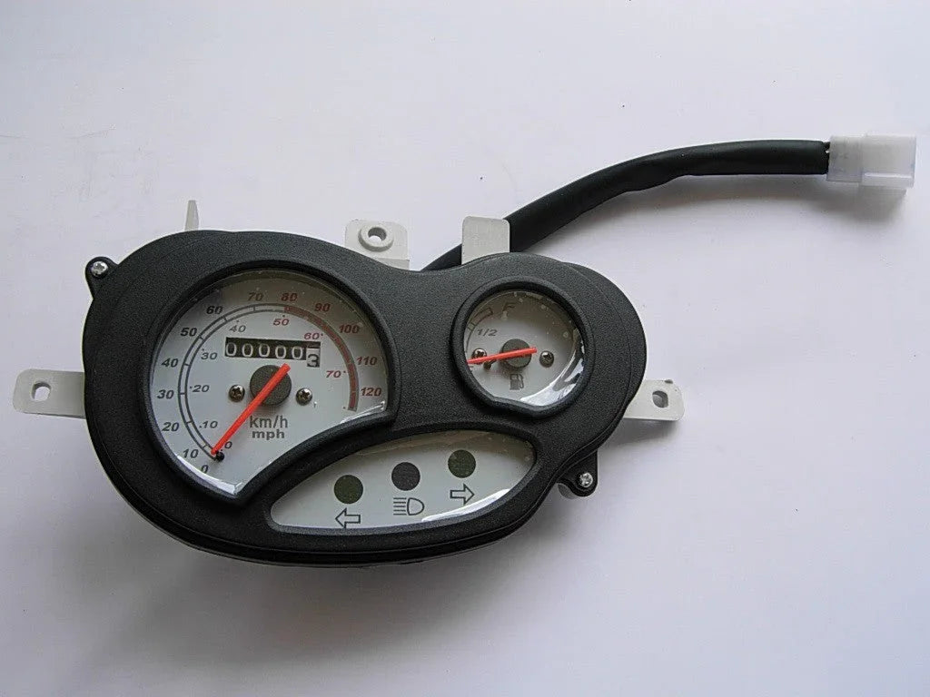 Speedometer B09 assembly for GY6 50cc and 150cc scooters, showing the instrument panel and mounting components.