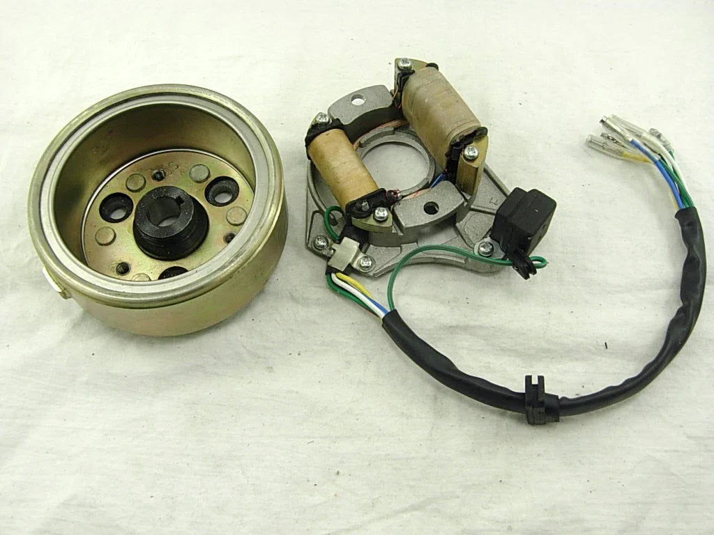 Two-coil magneto stator and rotor for 50cc, 110cc, and 125cc dirt bikes, compatible with various small motorcycle models.
