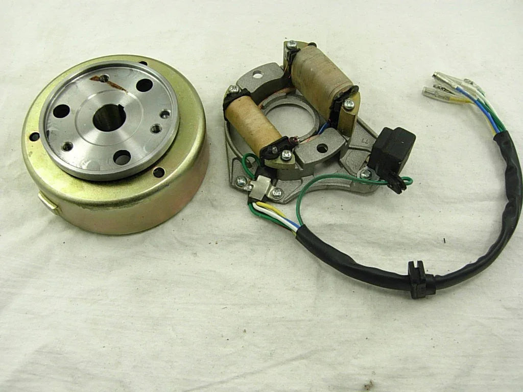 2-coil magneto stator and rotor for 50cc, 110cc, 125cc dirt bikes, compatible with various engine sizes.