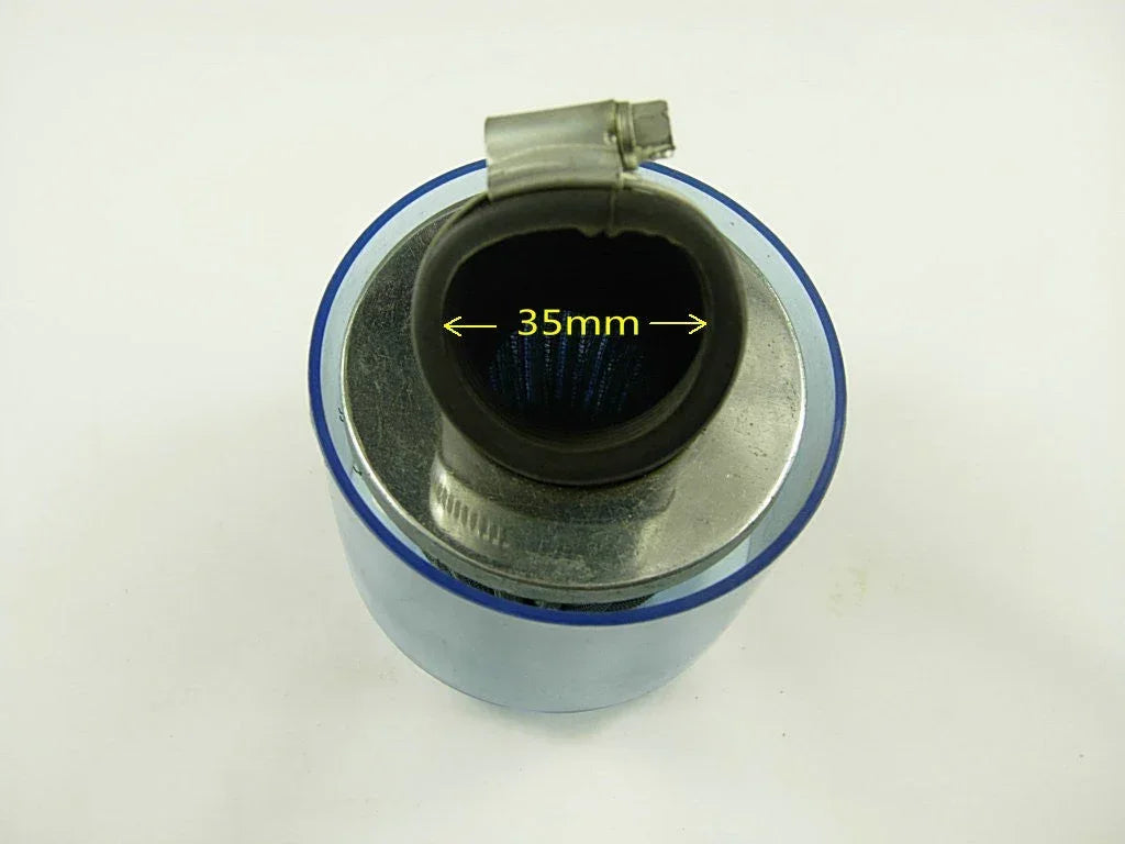 Dirt bike air filter with 35mm diameter and 30-degree angle, designed for dirt bike parts, shown in the image.