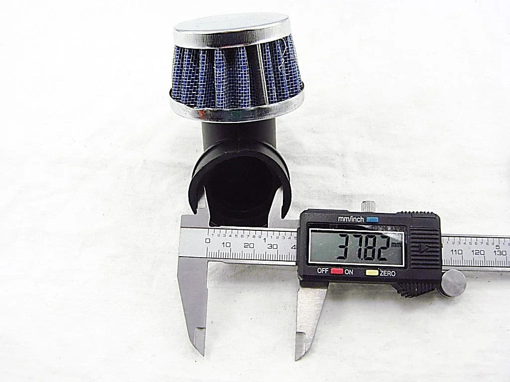 35mm 90-degree air filter for dirt bikes, shown attached to a dirt bike engine, designed to improve airflow and engine performance.