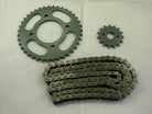 motorcycle sprocket set with large and small sprockets and a linked metal chain on white background