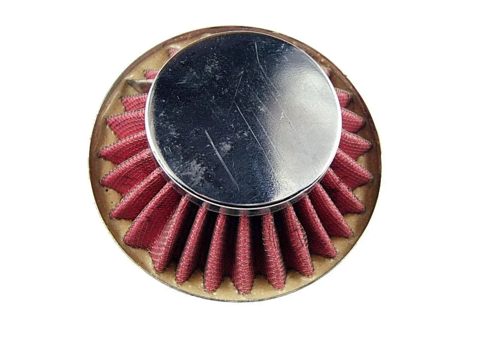 Round automotive air filter with red pleated fabric and metal top cover