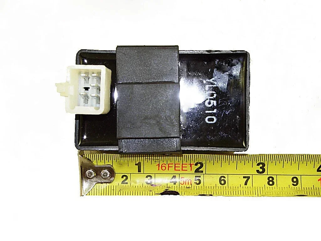 5-pin CDI igniter box for 50cc to 125cc dirt bikes, ATVs, and quads, showing the electronic component with wiring connections.