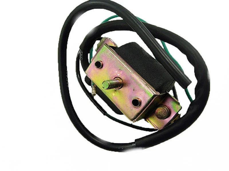 Electromechanical solenoid coil with metal mounting bracket and connected black and green wires on white background