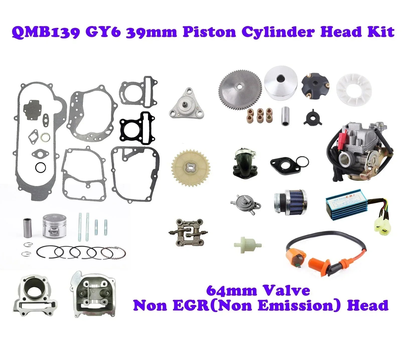 39mm QMB139 engine kit with head, non-emission, for small engine repairs, includes 64mm non-emission engine parts.