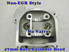 47mm 80cc GY6 engine cylinder head without valve, non-EGR, showcasing metal components and machining details.