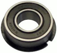 Close-up of a black sealed ball bearing with metal inner and outer rings