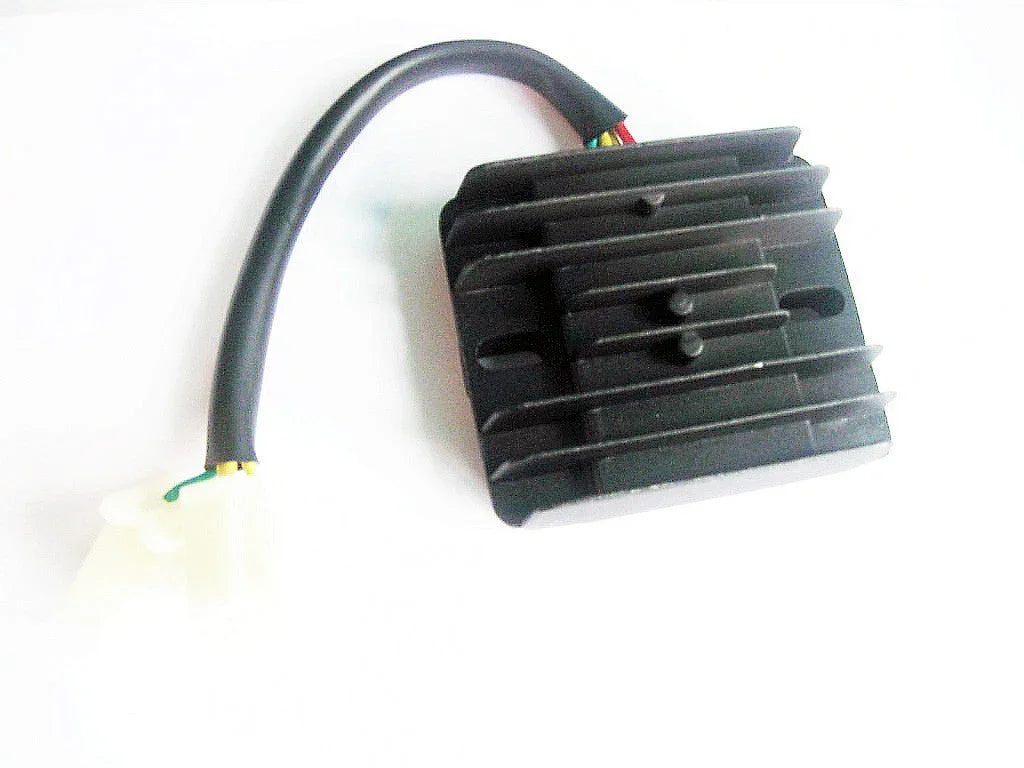 black motorcycle voltage regulator rectifier with cooling fins and wire harness on white background