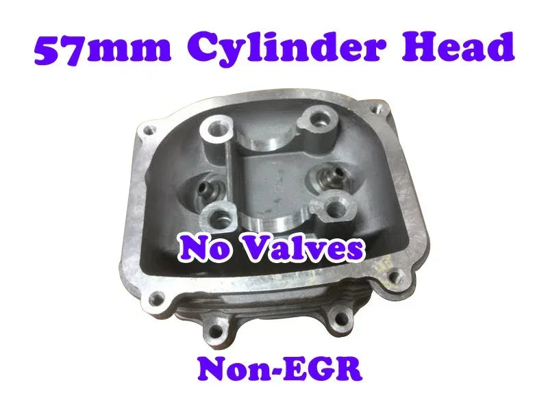 57mm 150cc GY6 cylinder head without valve, non-EGR, showing metal components and mounting surface for scooter engine repair.