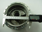 Front wheel hub for A100 engine motorcycle, black metal part with mounting holes, essential for wheel assembly.