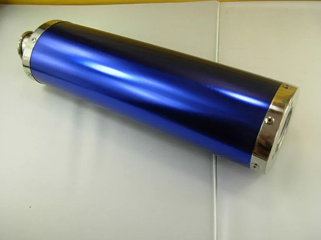 Metallic blue GY6 performance muffler exhaust for 50cc to 250cc scooters, showcasing its sleek blue finish and durable metal construction.