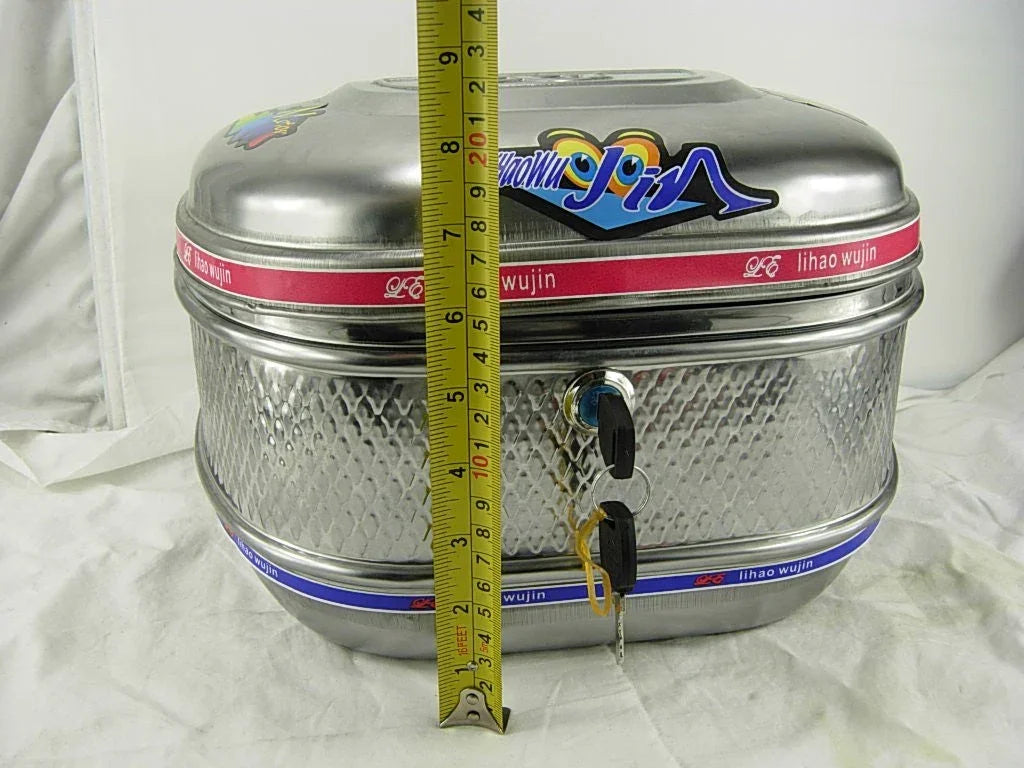 Small stainless trunk for 50cc, 125cc, 150cc GY6 scooters, showcasing durable metal construction and compact design.
