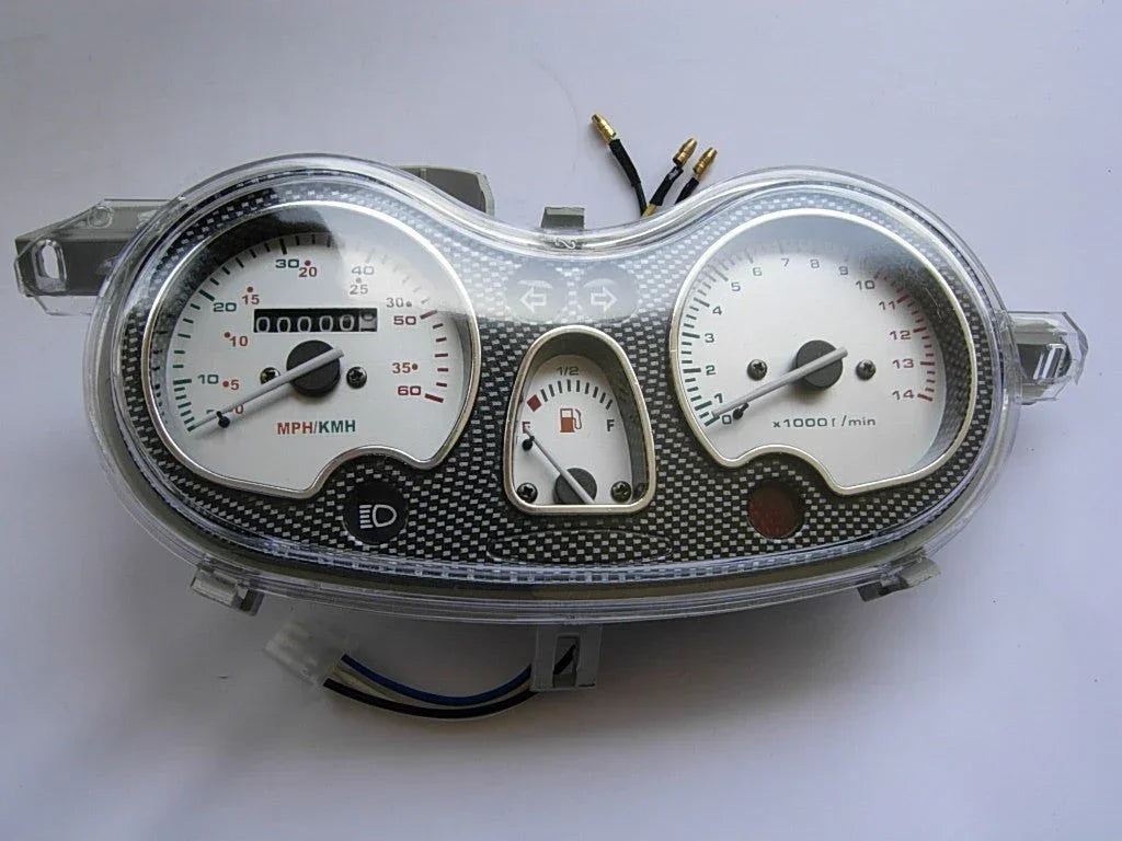 Speedometer MC-04-150-S assembly for GY6 50cc and 150cc scooters, showing the instrument cluster with speed display and mounting components.
