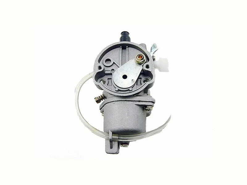 Compact metal carburetor with attached fuel hose on white background