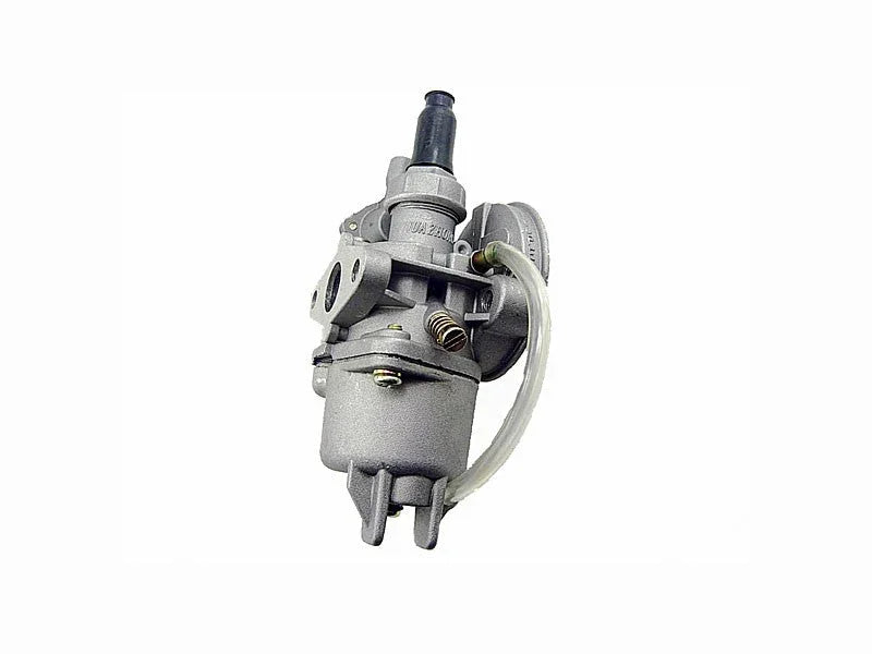 Gray metal carburetor with attached clear fuel tube isolated on white background