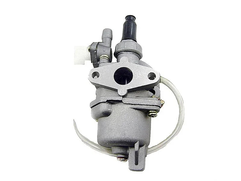 Compact gray carburetor with tubes and mounting holes for small engine or motorcycle