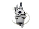 Compact gray carburetor with tubes and mounting holes for small engine or motorcycle