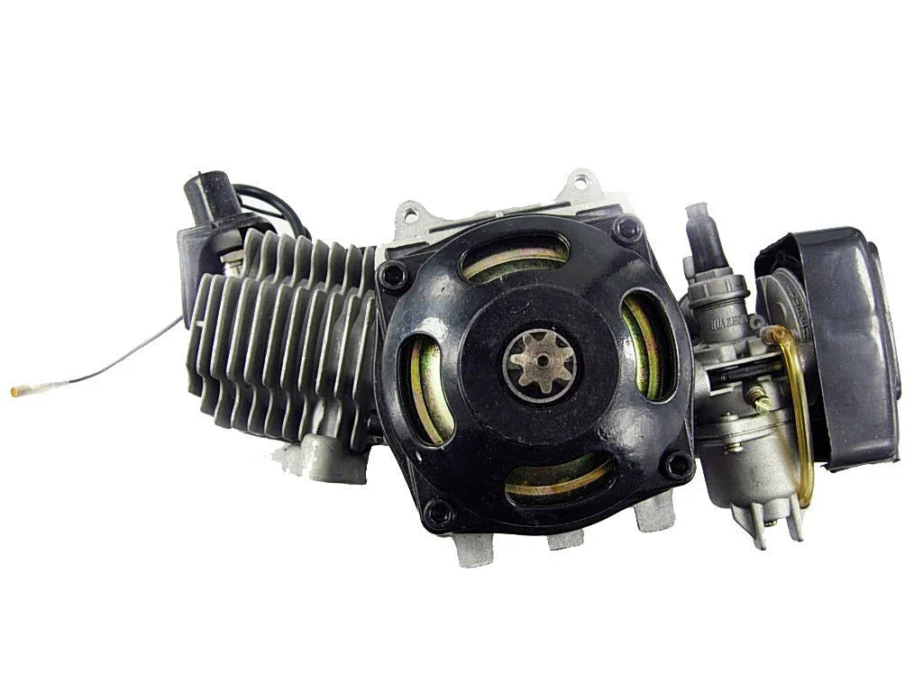 Small gas engine motor with cooling fins, flywheel, and carburetor isolated on white background