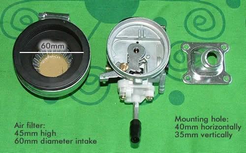 Mini 49cc 2-stroke performance carburetor for pocket bikes, shown with detailed metal components and adjustment screws.