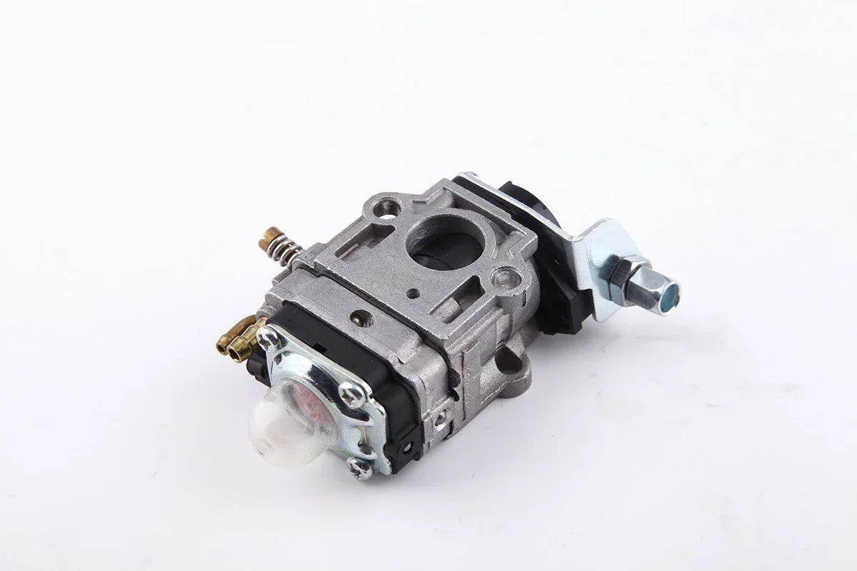 Metal carburetor with primer bulb and fuel line connectors on white background