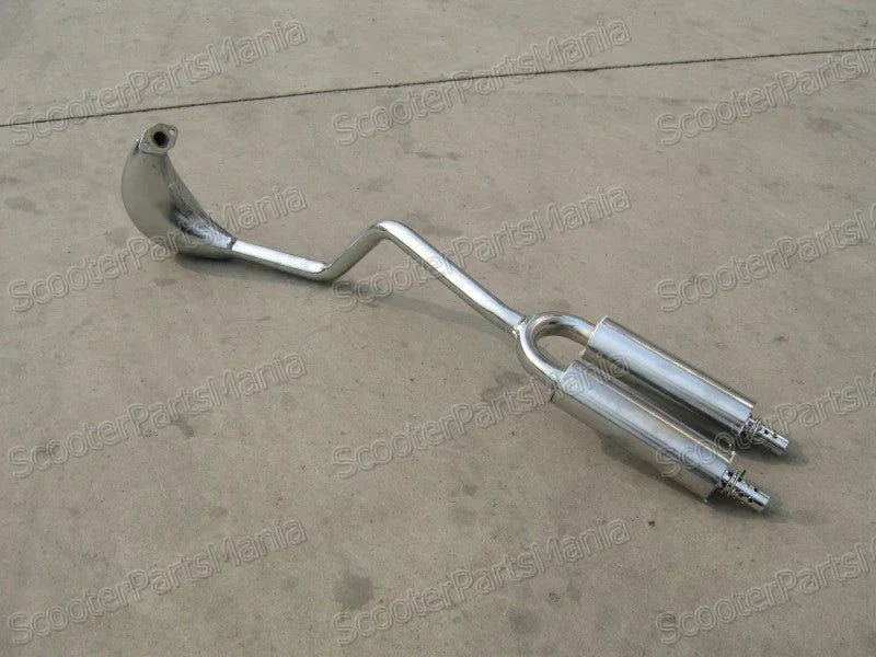 Dual-pipe exhaust for Mini pocket bike, black metal with two exhaust outlets, compatible with various mini bike models.