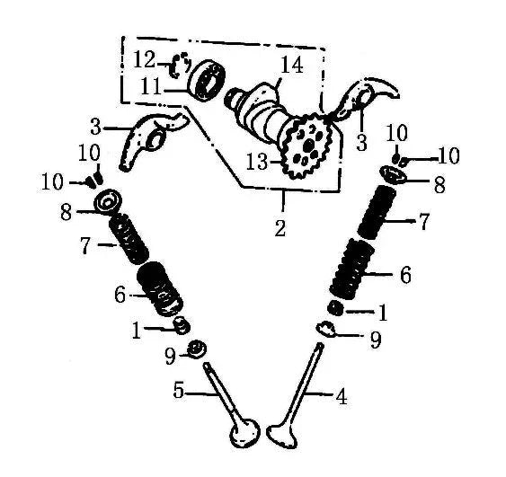 Exploded diagram of CF250 250cc camshaft bearing and engine valve parts for scooter or ATV