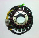 Motor stator coil with copper winding and yellow electrical wires on white background