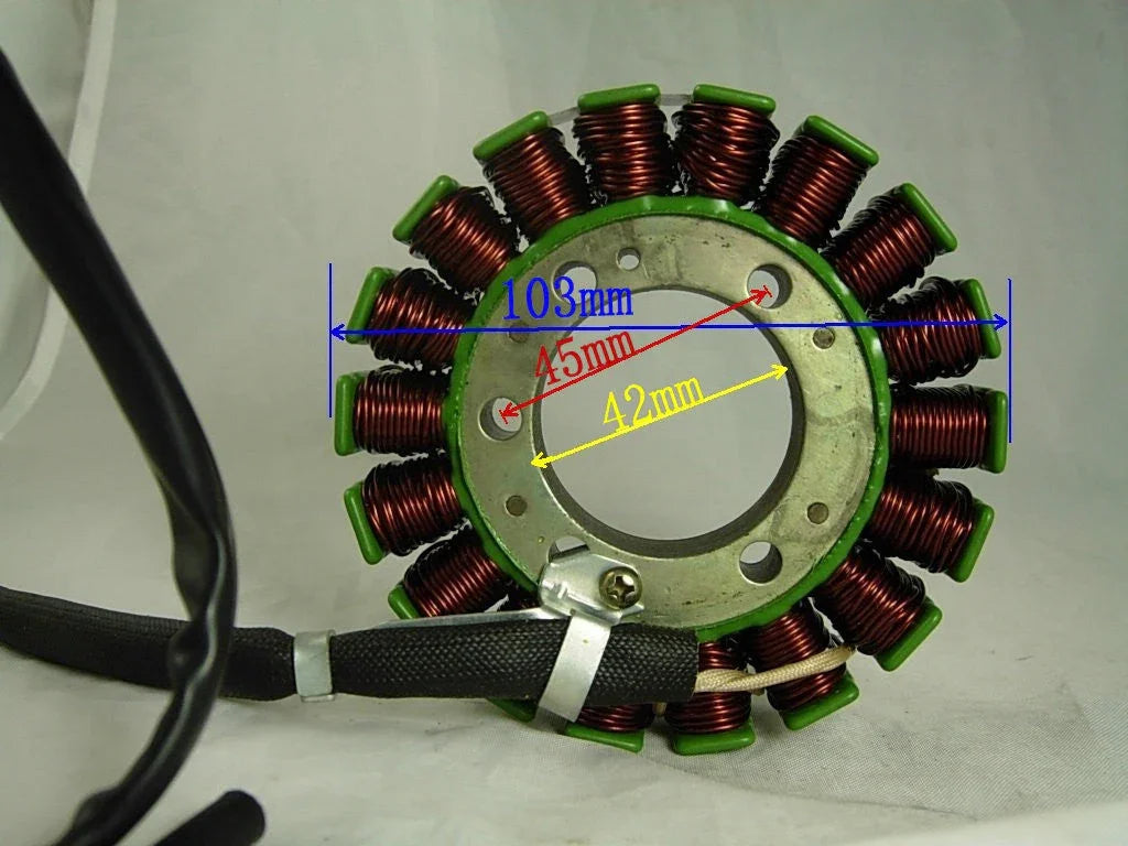 Motorcycle 250cc stator magneto with 17 copper coils and measurement labels on white background.