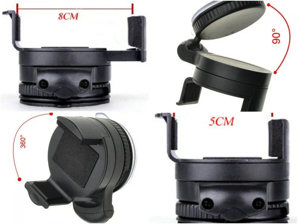 Universal 360-degree rotating car mount windshield holder for smartphones, with adjustable grip and secure installation.